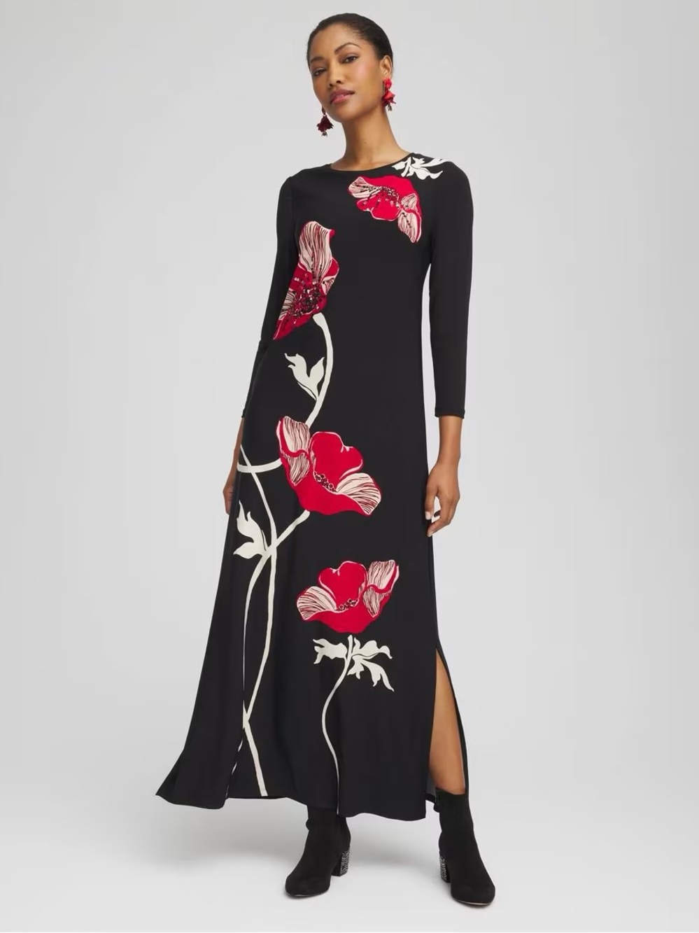 Chico’s NWT Floral Maxi Dress with Red Flower Motif